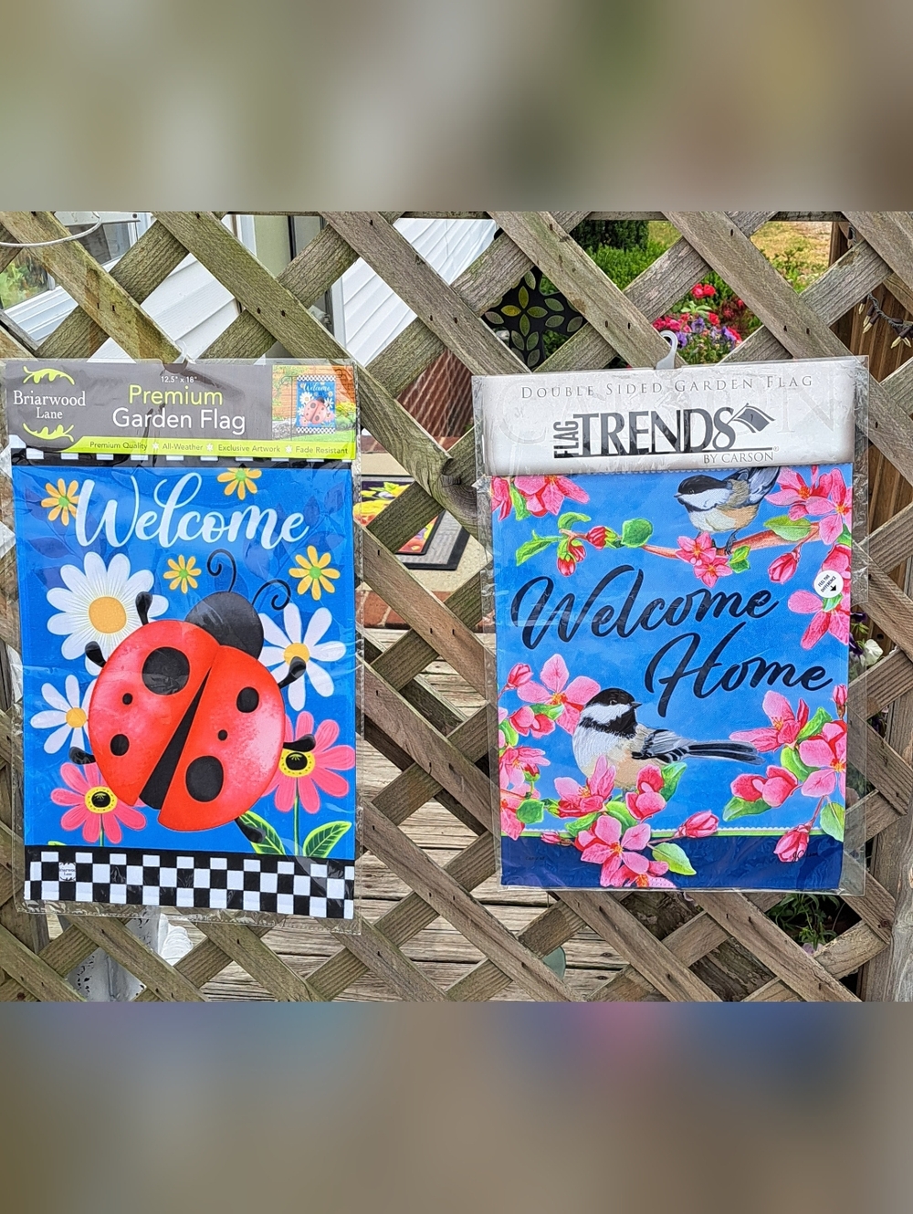 Set of 2- Premium Blue 'Welcome' Garden Flags with Ladybug & Birds